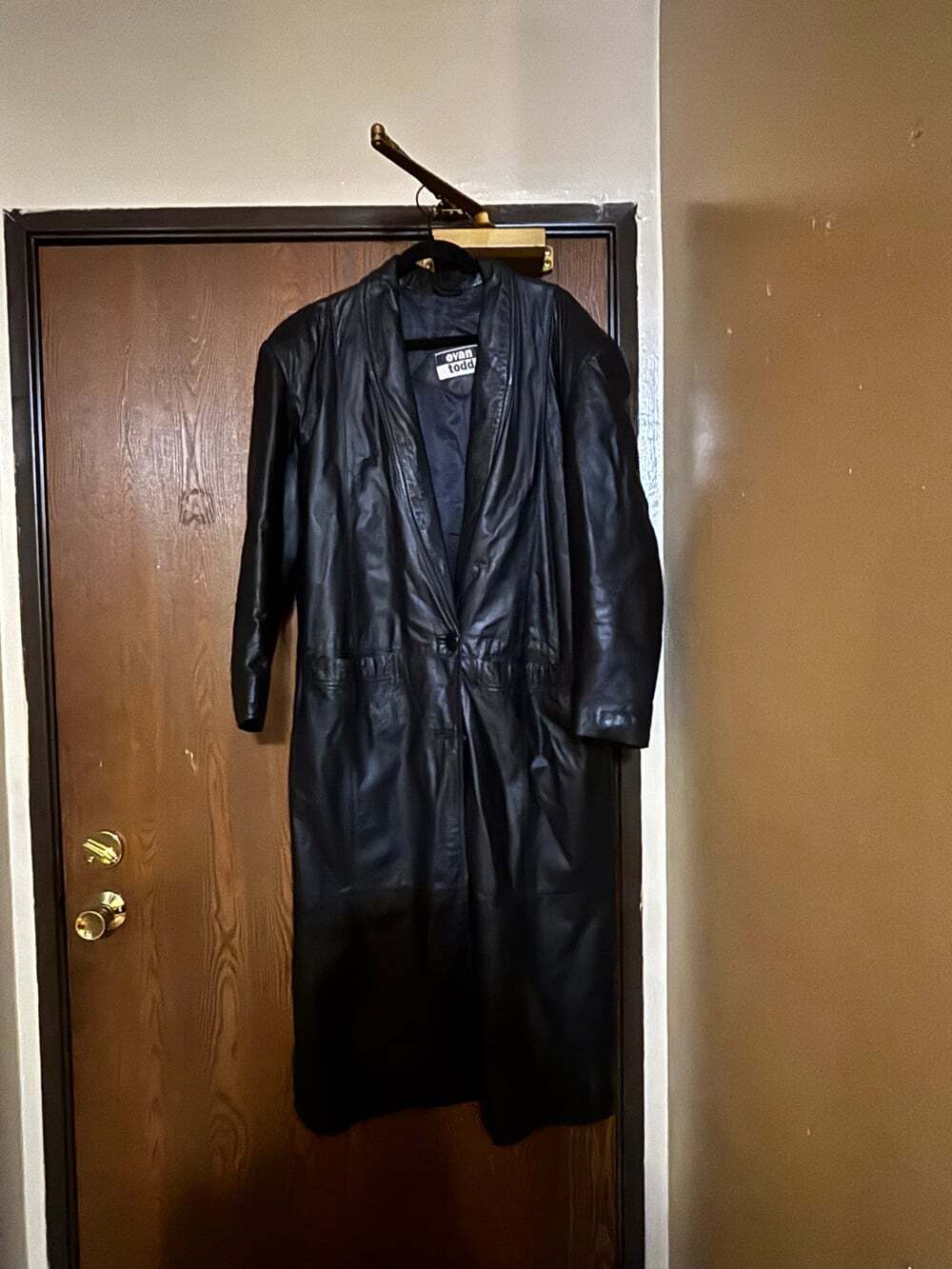 Vintage Black Leather Trench Long Fall Winter Outerwear Coat/ Jacket